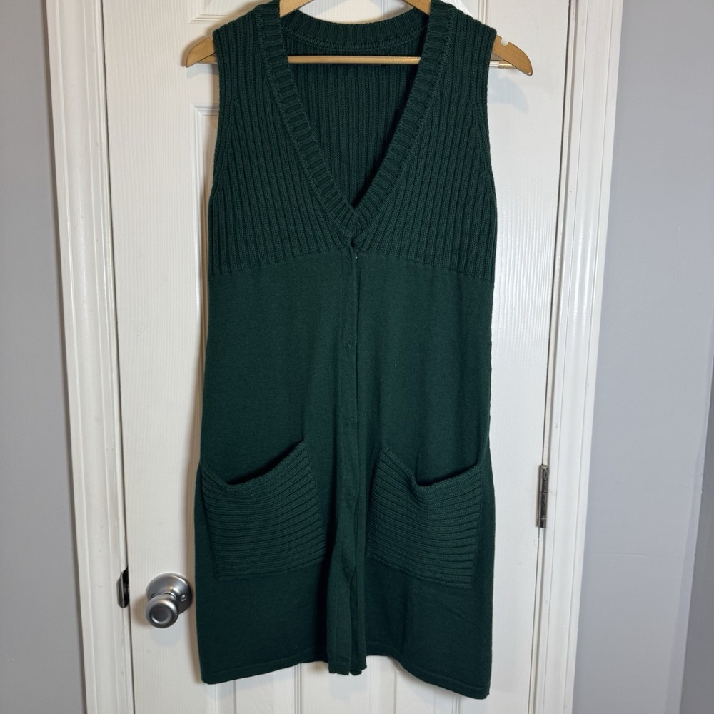 GUDRUN SJODEN Green Organic Cotton Wool Tank Sweater Dress Small Pockets